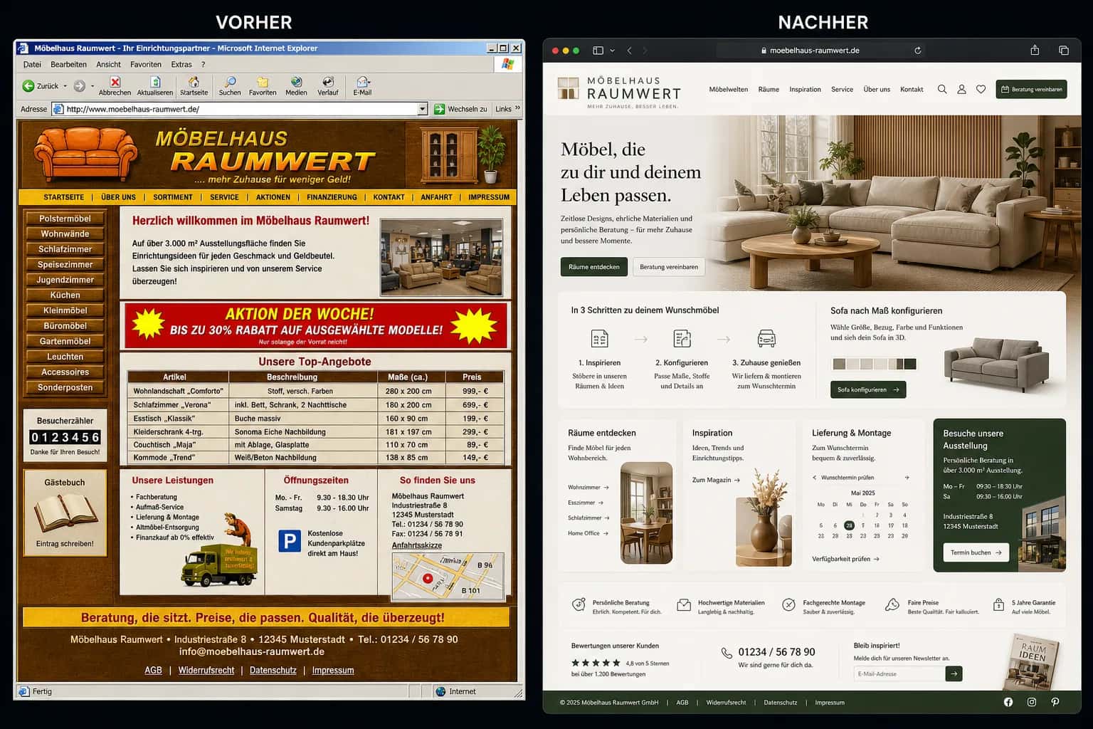 Fiktive komplette Vorher-Nachher-Konzeptansicht für Möbelhaus Raumwert