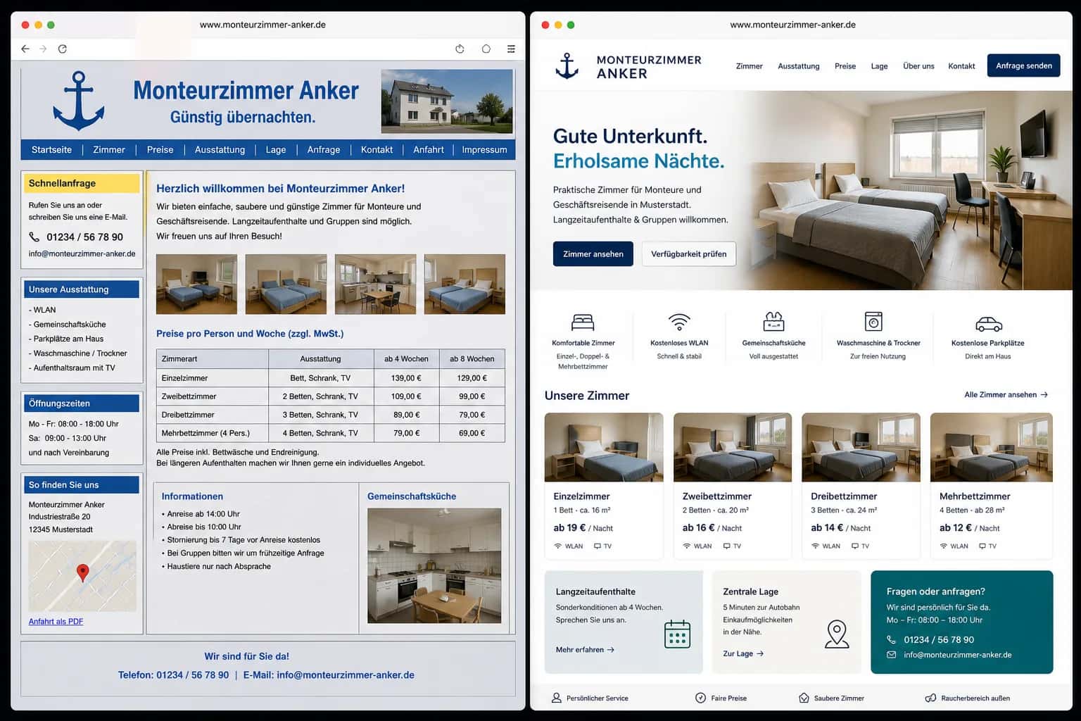 Fiktive komplette Vorher-Nachher-Konzeptansicht für Monteurzimmer Anker