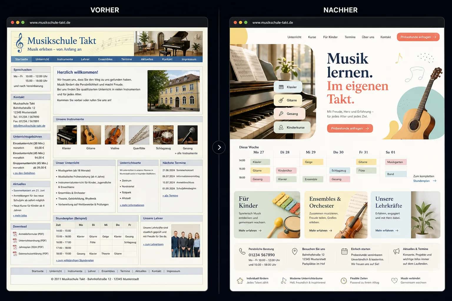 Fiktive komplette Vorher-Nachher-Konzeptansicht für Musikschule Takt