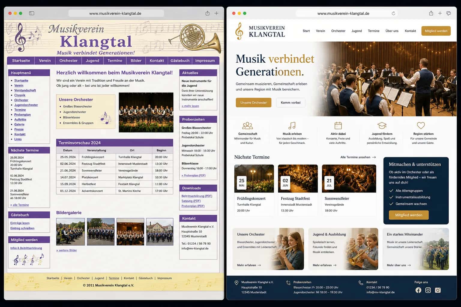 Fiktive komplette Vorher-Nachher-Konzeptansicht für Musikverein Klangtal