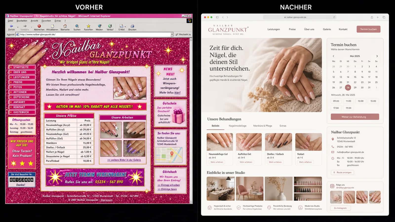 Fiktive komplette Vorher-Nachher-Konzeptansicht für Nailbar Glanzpunkt