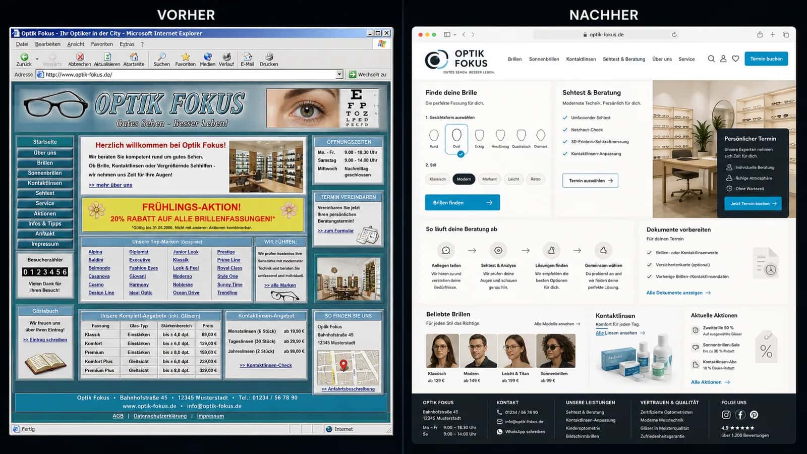 Fiktive komplette Vorher-Nachher-Konzeptansicht für Optik Fokus