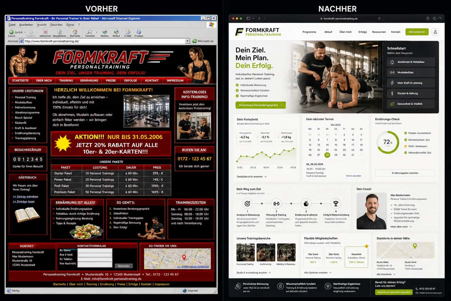 Fiktive komplette Vorher-Nachher-Konzeptansicht für Personaltraining Formkraft