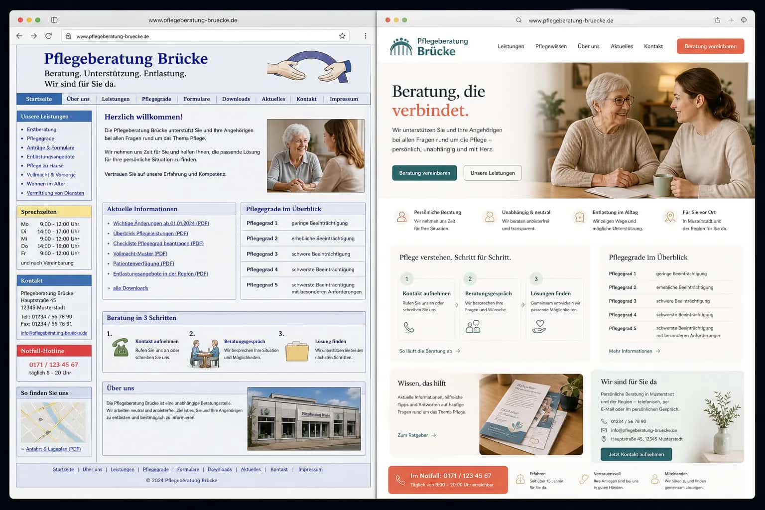 Fiktive komplette Vorher-Nachher-Konzeptansicht für Pflegeberatung Brücke