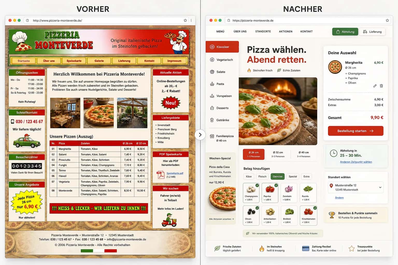 Fiktive komplette Vorher-Nachher-Konzeptansicht für Pizzeria Monteverde