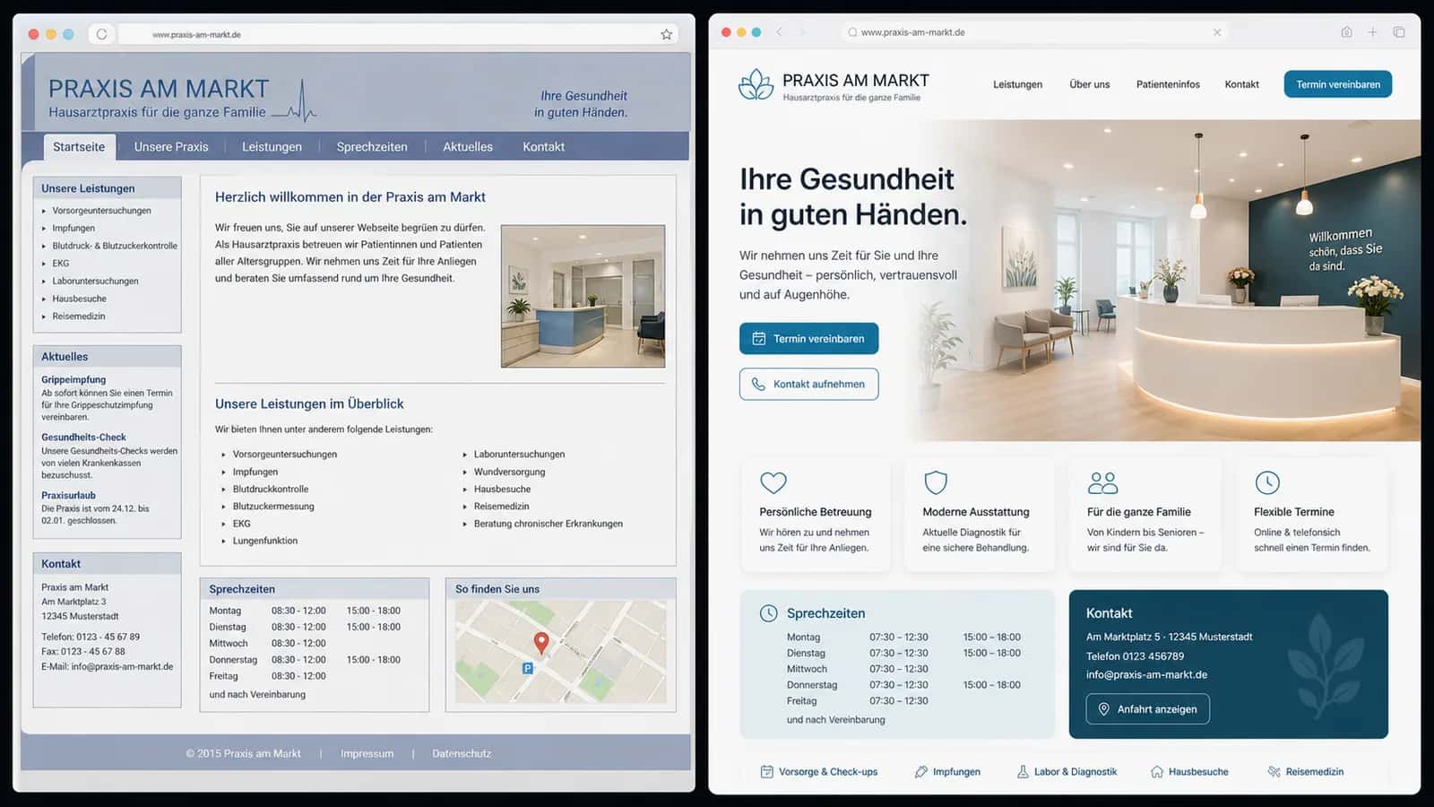 Fiktive komplette Vorher-Nachher-Konzeptansicht für Praxis am Markt