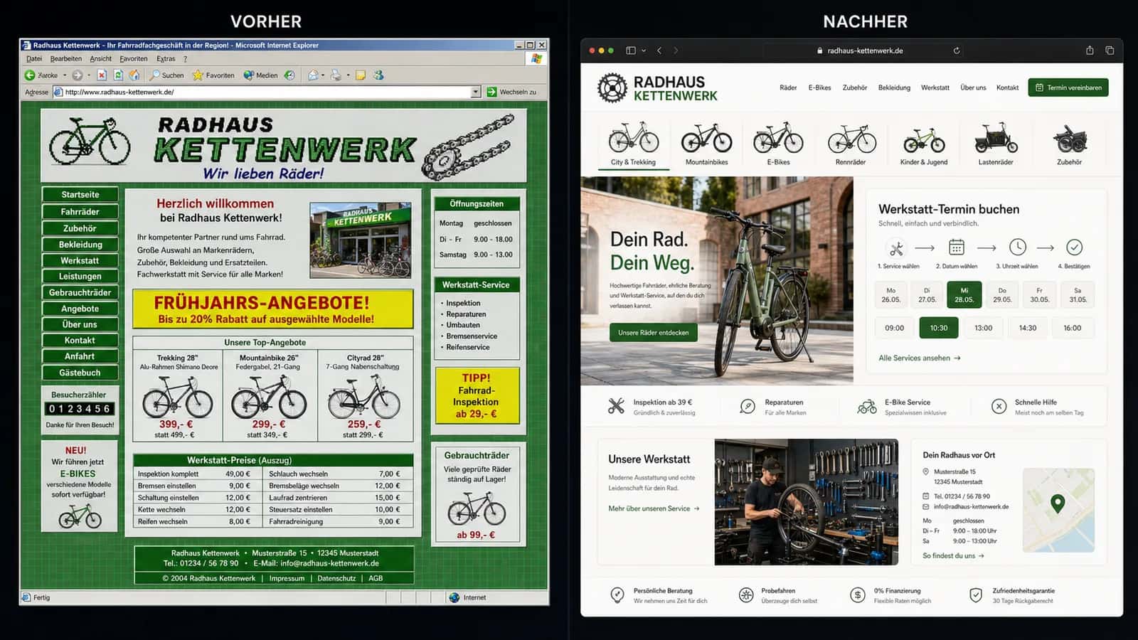 Fiktive komplette Vorher-Nachher-Konzeptansicht für Radhaus Kettenwerk