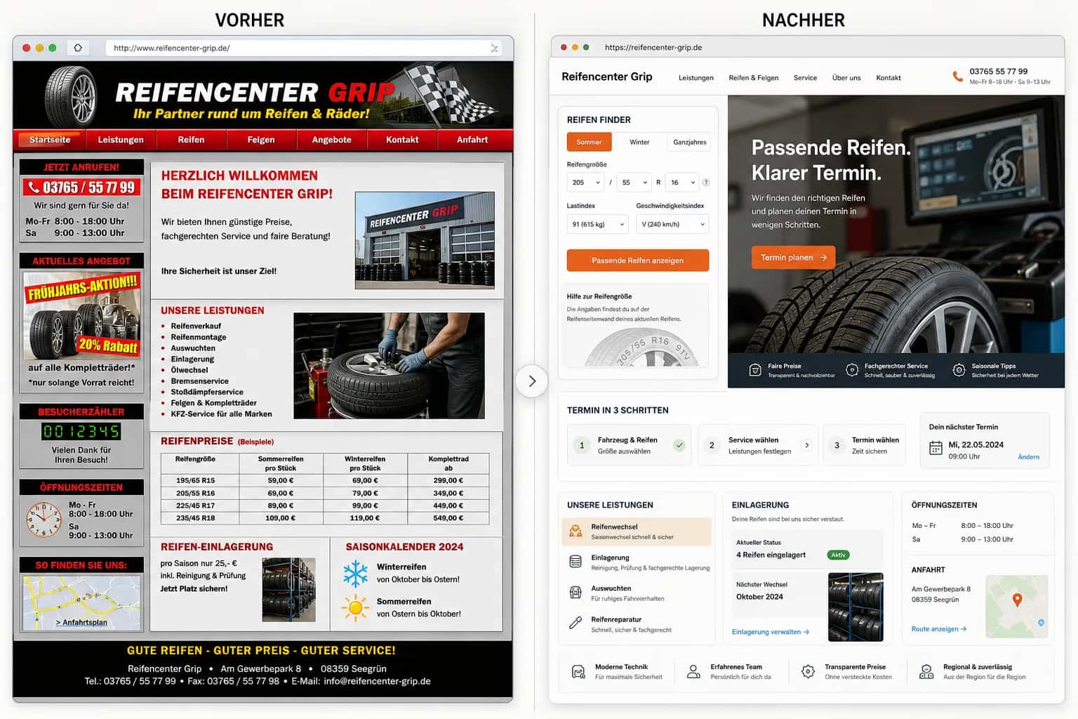 Fiktive komplette Vorher-Nachher-Konzeptansicht für Reifencenter Grip