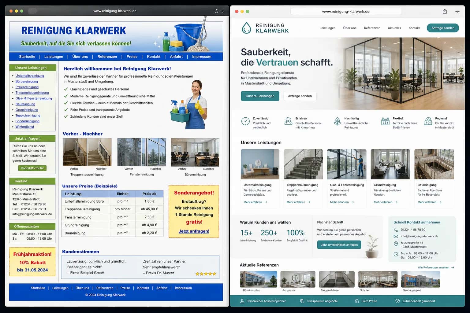 Fiktive komplette Vorher-Nachher-Konzeptansicht für Reinigung Klarwerk