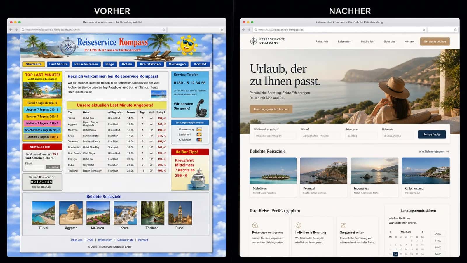 Fiktive komplette Vorher-Nachher-Konzeptansicht für Reiseservice Kompass