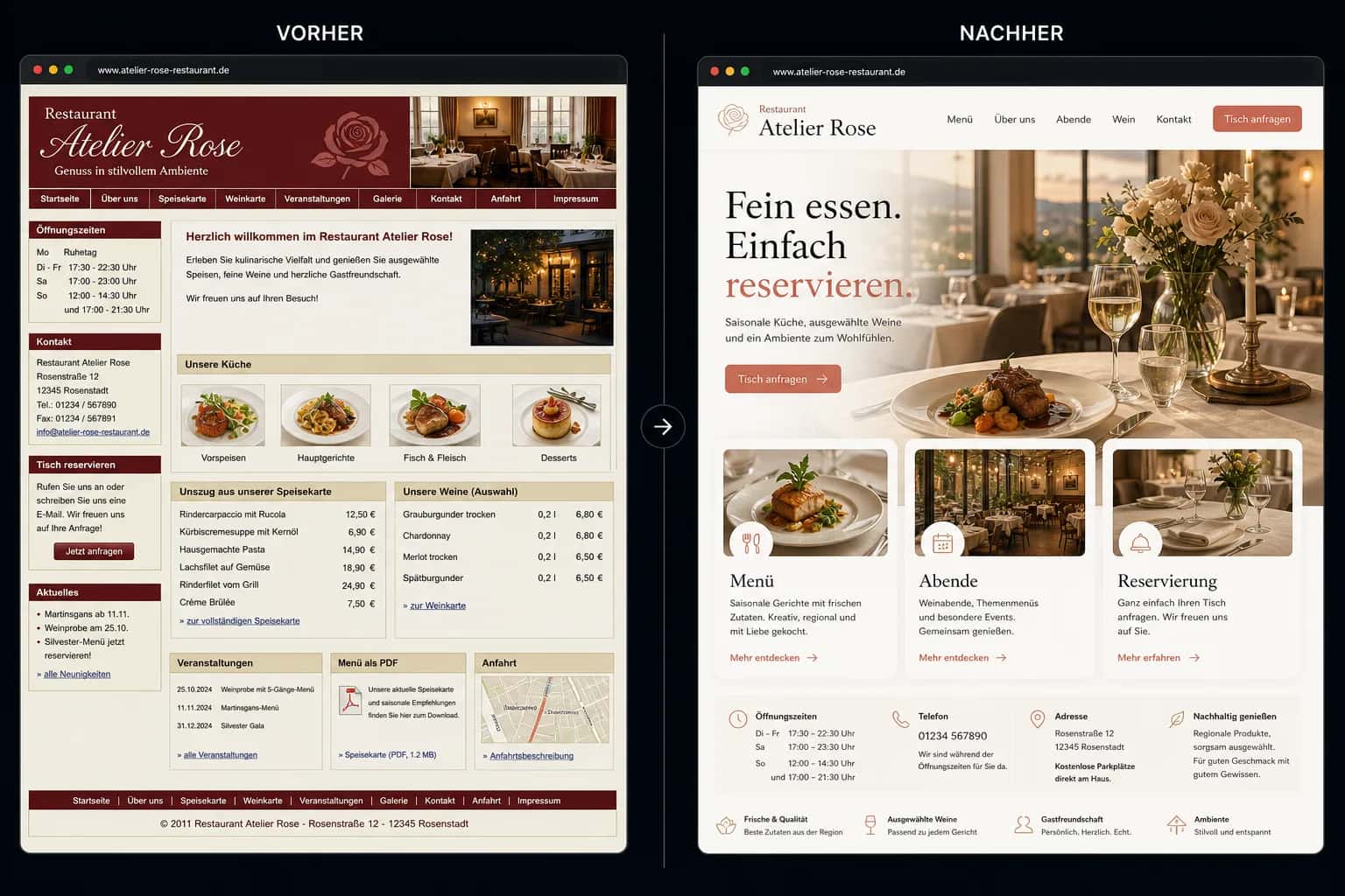 Fiktive komplette Vorher-Nachher-Konzeptansicht für Restaurant Atelier Rose