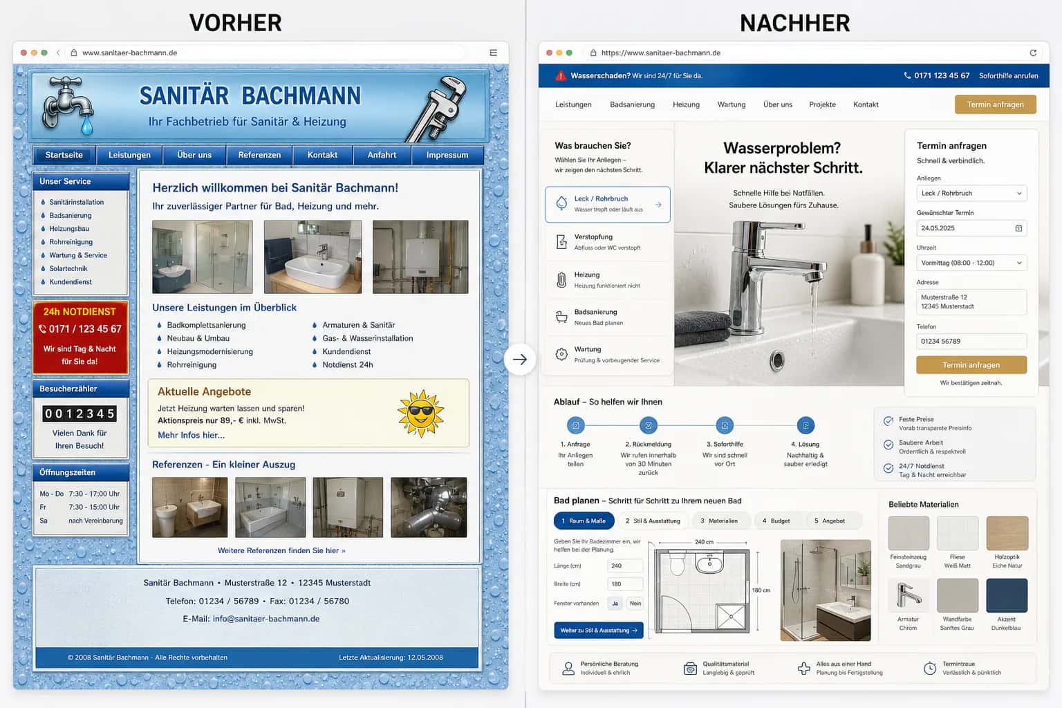 Fiktive komplette Vorher-Nachher-Konzeptansicht für Sanitär Bachmann