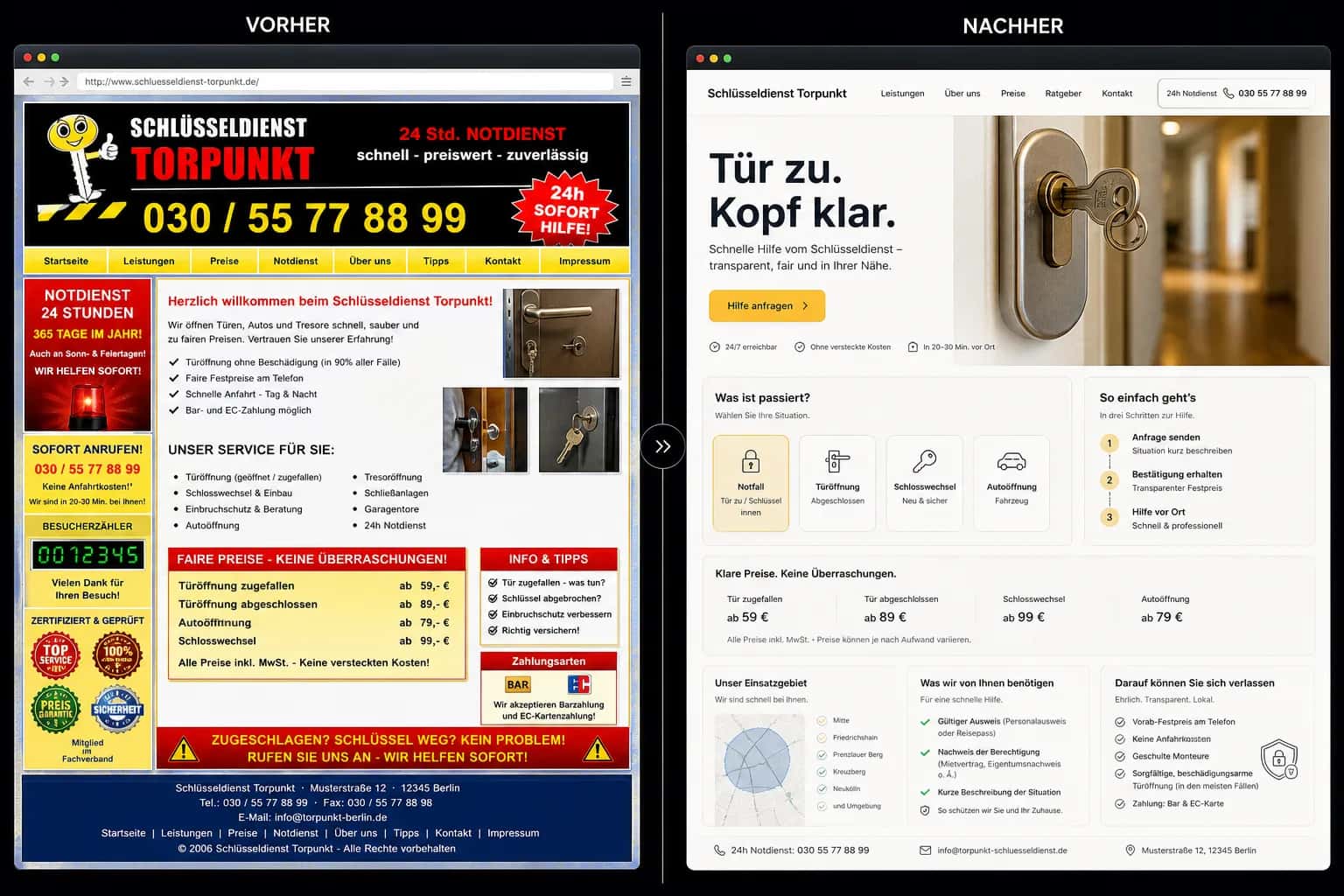Fiktive komplette Vorher-Nachher-Konzeptansicht für Schlüsseldienst Torpunkt
