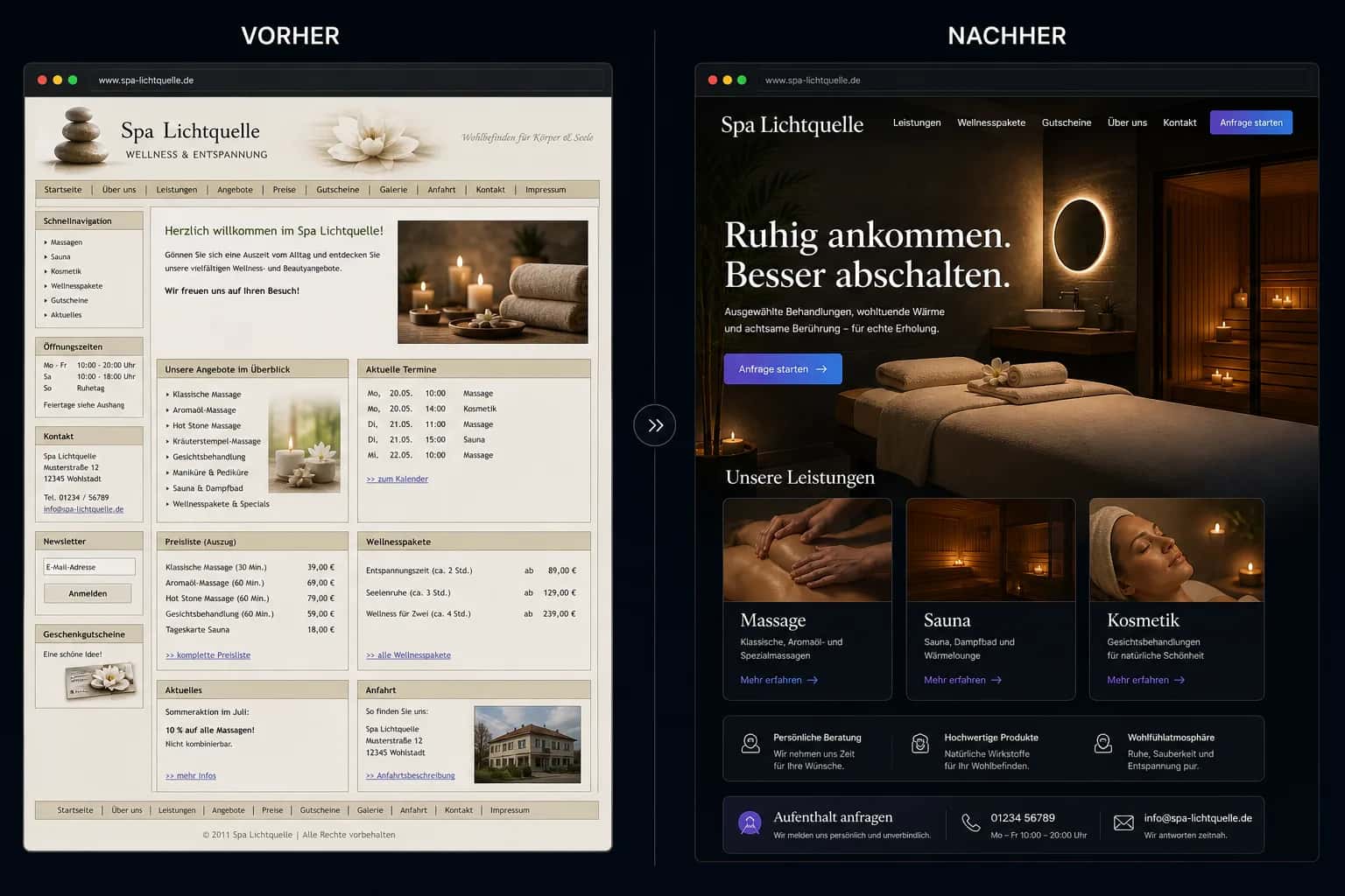 Fiktive komplette Vorher-Nachher-Konzeptansicht für Spa Lichtquelle