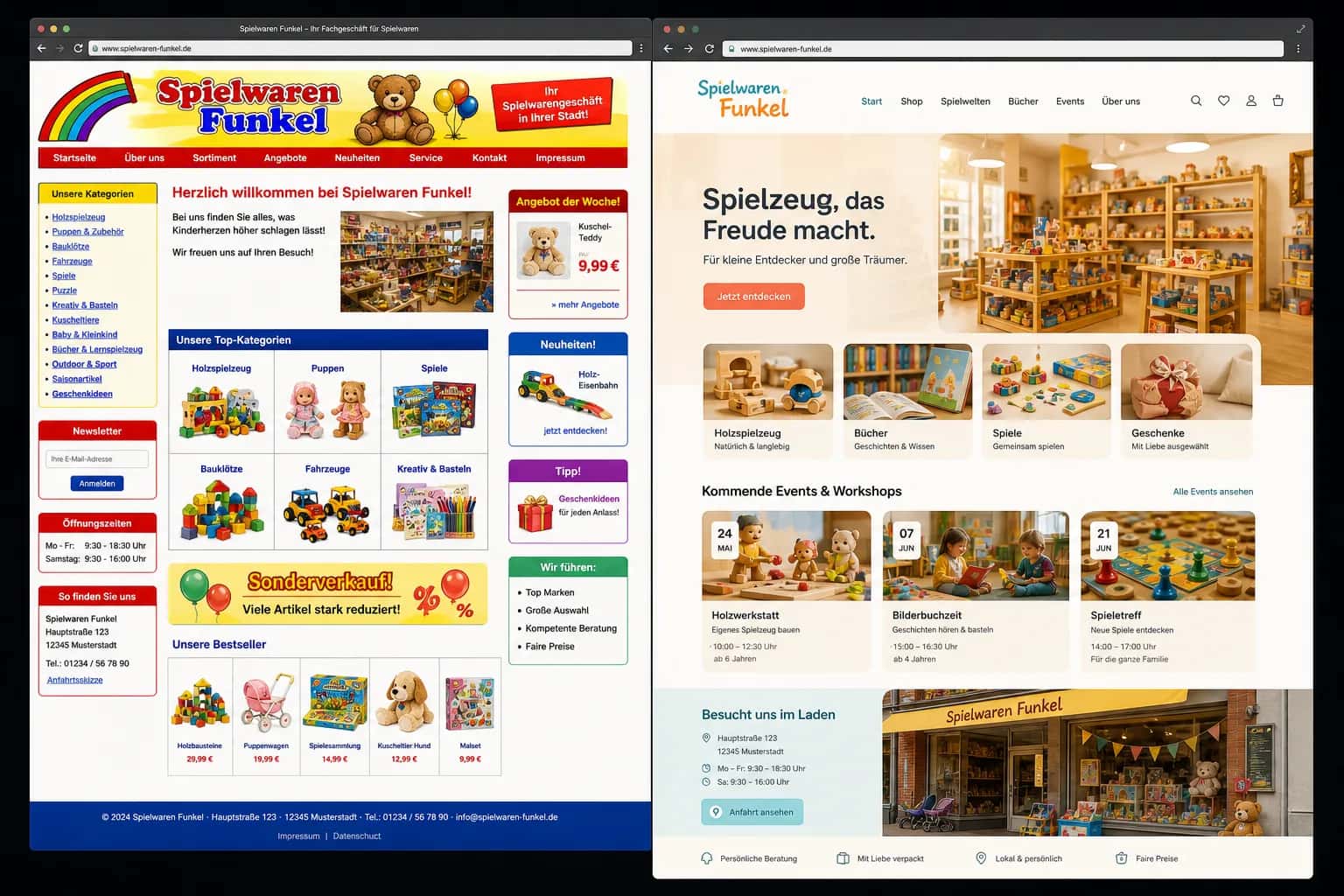 Fiktive komplette Vorher-Nachher-Konzeptansicht für Spielwaren Funkel