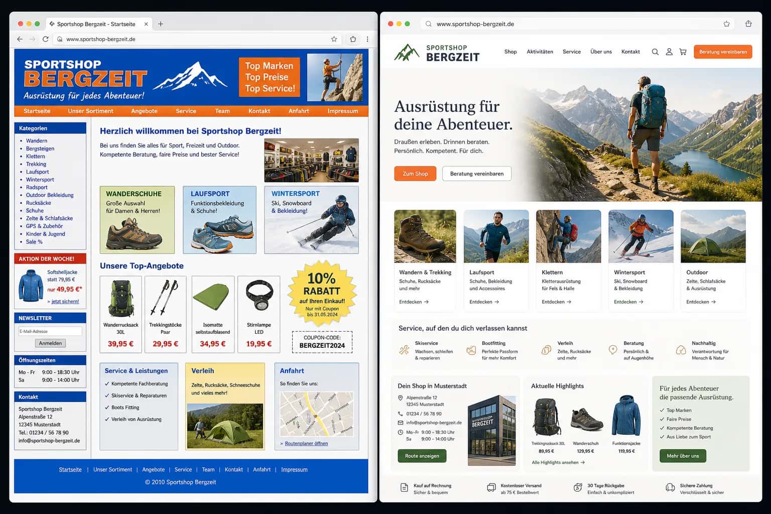 Fiktive komplette Vorher-Nachher-Konzeptansicht für Sportshop Bergzeit