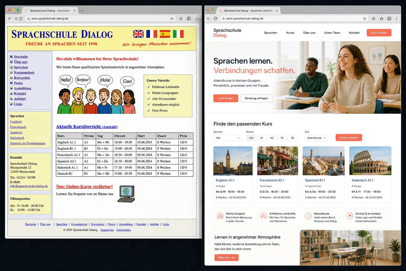 Fiktive komplette Vorher-Nachher-Konzeptansicht für Sprachschule Dialog