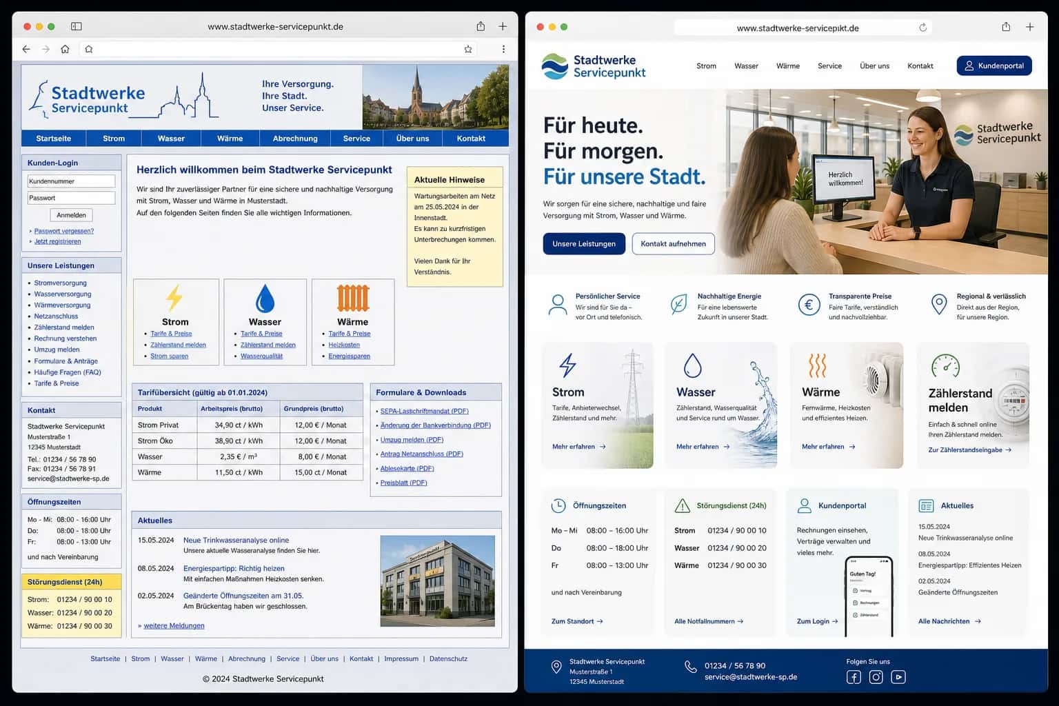 Fiktive komplette Vorher-Nachher-Konzeptansicht für Stadtwerke Servicepunkt