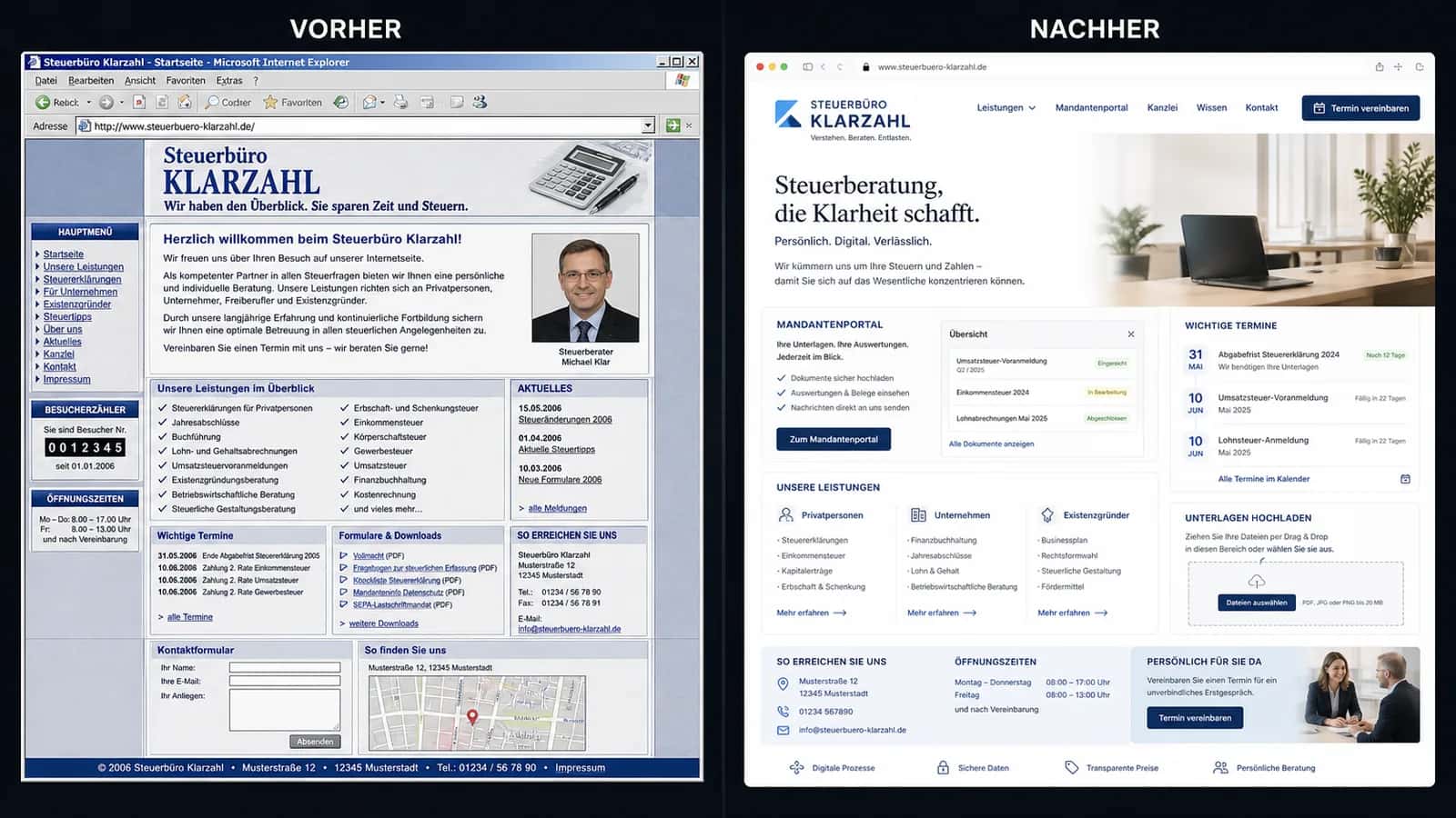 Fiktive komplette Vorher-Nachher-Konzeptansicht für Steuerbüro Klarzahl