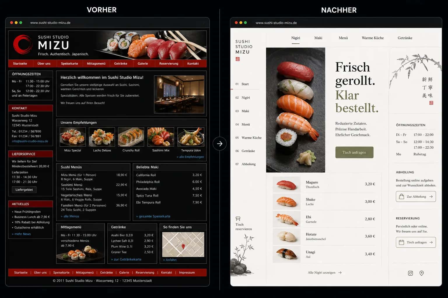 Fiktive komplette Vorher-Nachher-Konzeptansicht für Sushi Studio Mizu