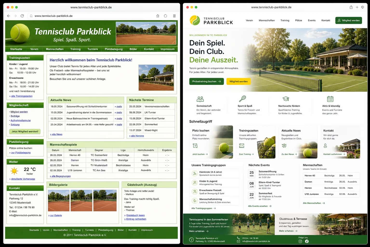 Fiktive komplette Vorher-Nachher-Konzeptansicht für Tennisclub Parkblick