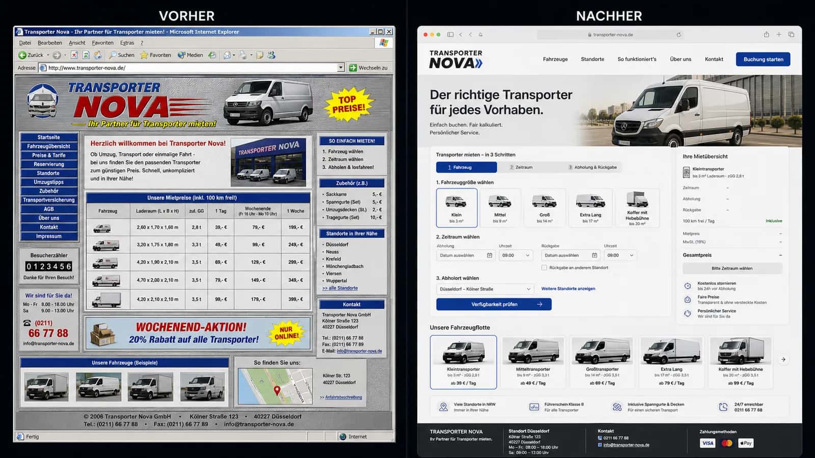Fiktive komplette Vorher-Nachher-Konzeptansicht für Transporter Nova
