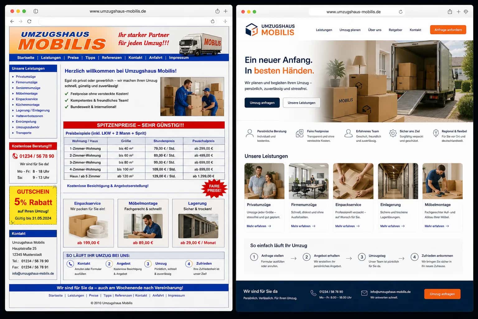 Fiktive komplette Vorher-Nachher-Konzeptansicht für Umzugshaus Mobilis