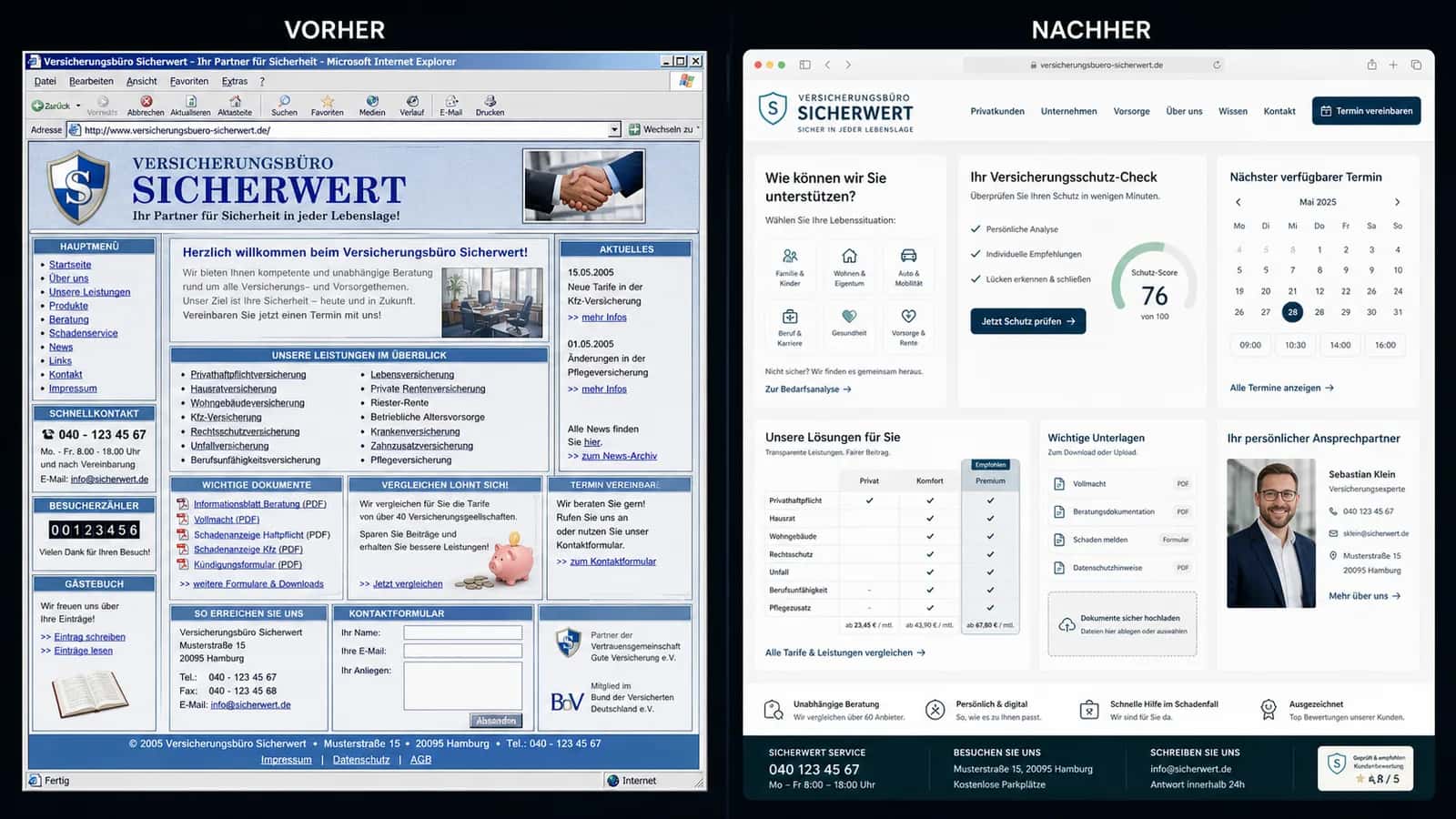 Fiktive komplette Vorher-Nachher-Konzeptansicht für Versicherungsbüro Sicherwert