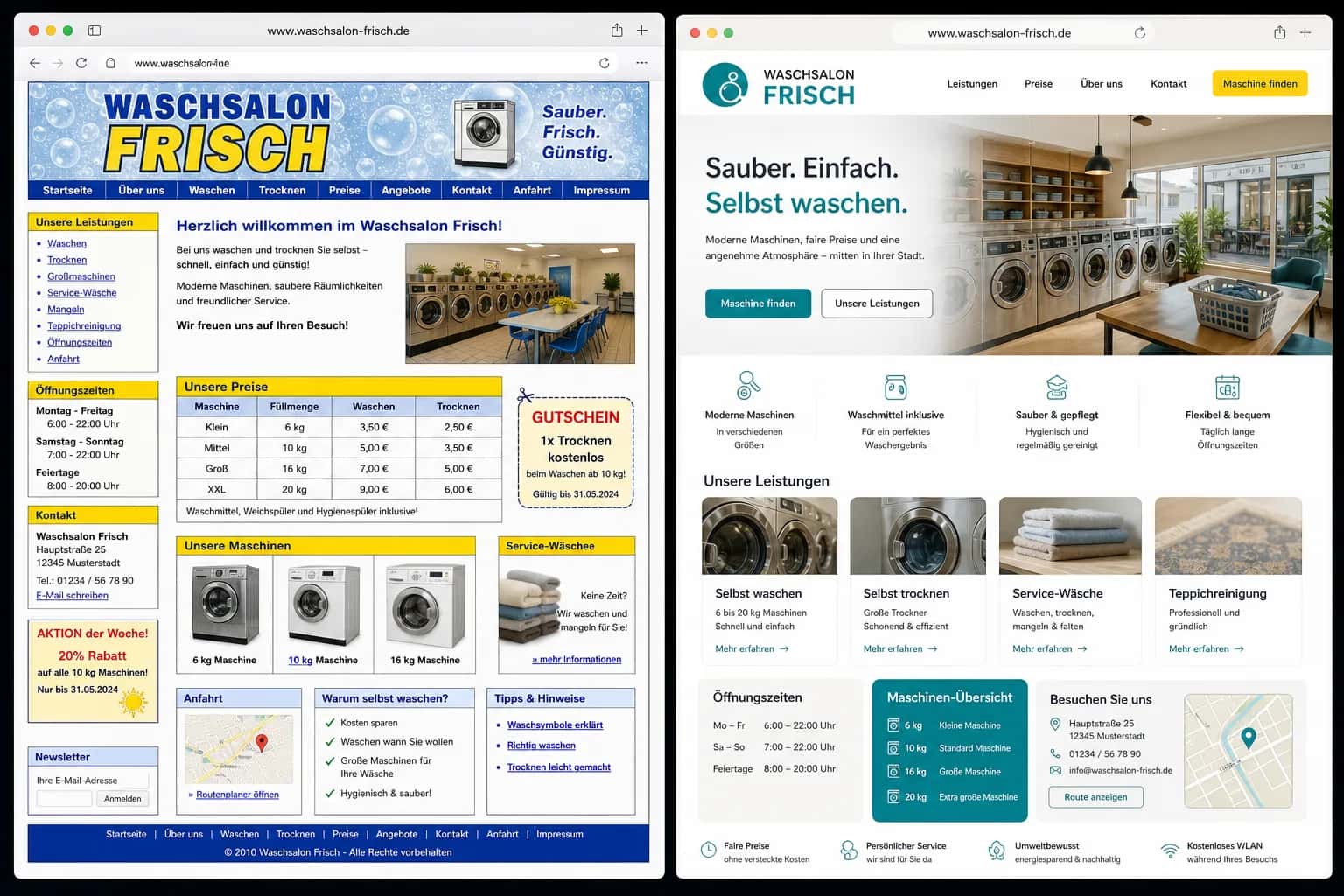 Fiktive komplette Vorher-Nachher-Konzeptansicht für Waschsalon Frisch