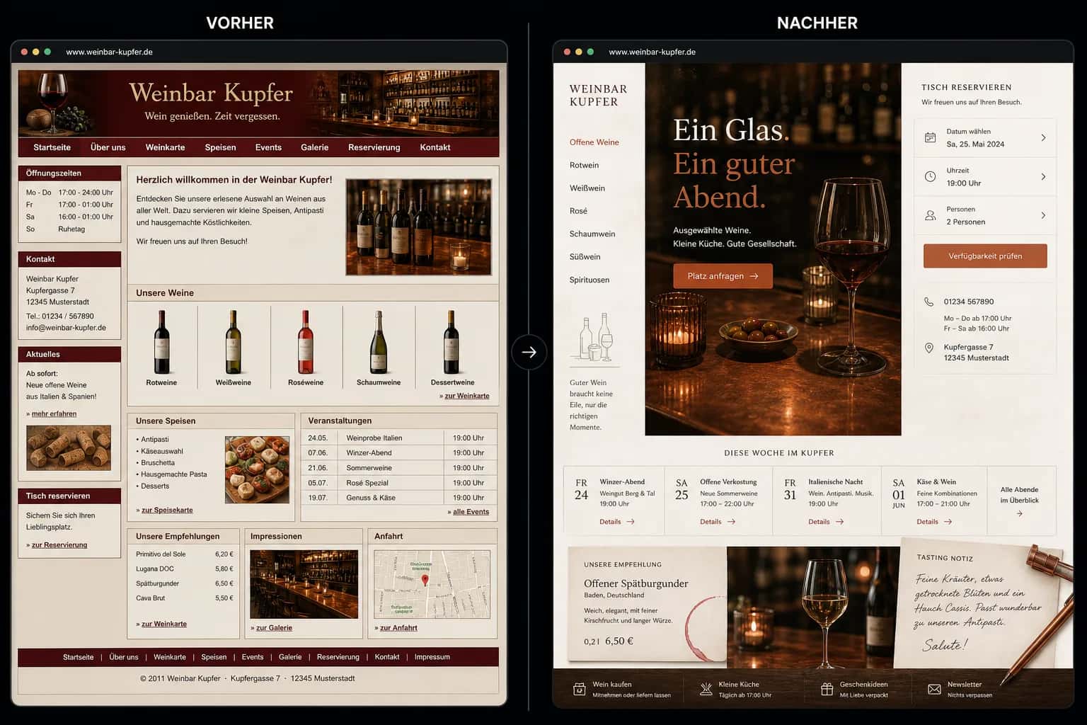 Fiktive komplette Vorher-Nachher-Konzeptansicht für Weinbar Kupfer