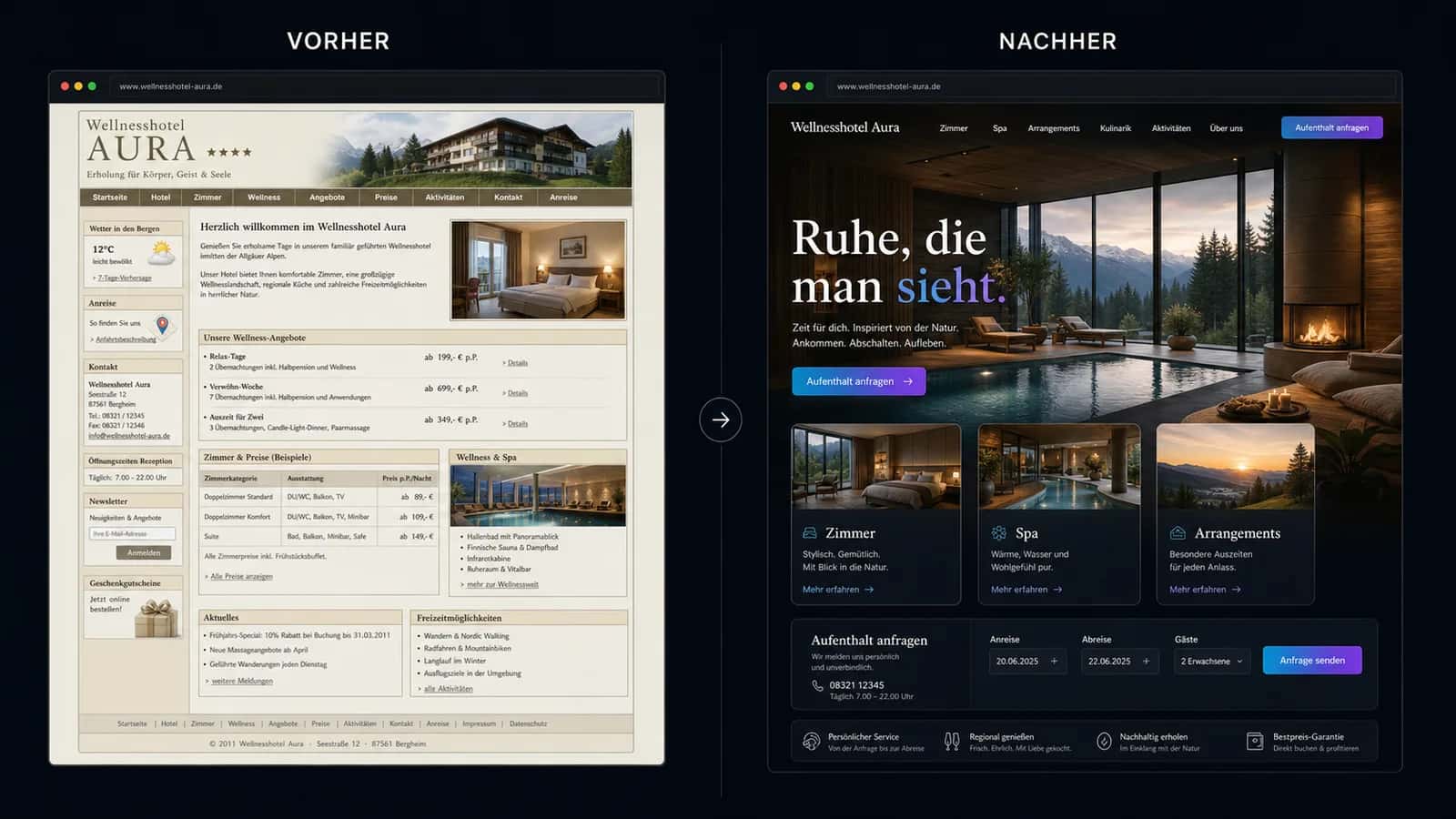 Fiktive komplette Vorher-Nachher-Konzeptansicht für Wellnesshotel Aura