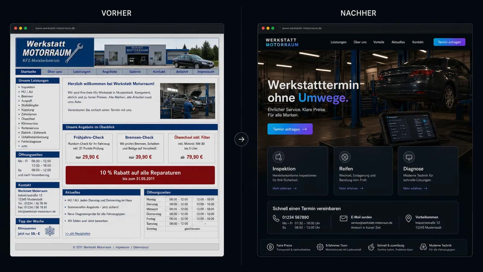 Fiktive komplette Vorher-Nachher-Konzeptansicht für Werkstatt Motorraum