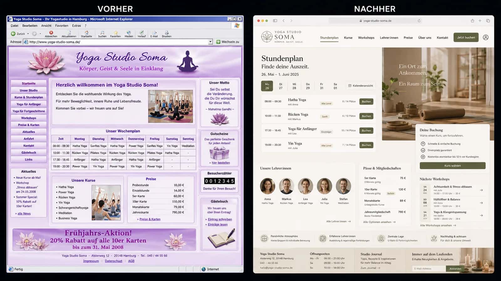 Fiktive komplette Vorher-Nachher-Konzeptansicht für Yoga Studio Soma