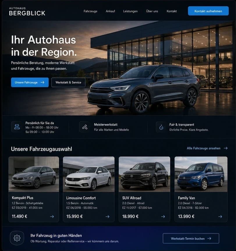 Fiktive Nachher-Konzeptansicht für Autohaus Bergblick