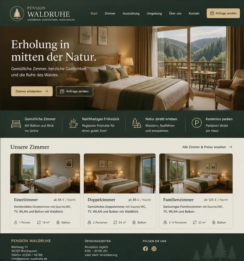 Fiktive Nachher-Konzeptansicht für Pension Waldruhe